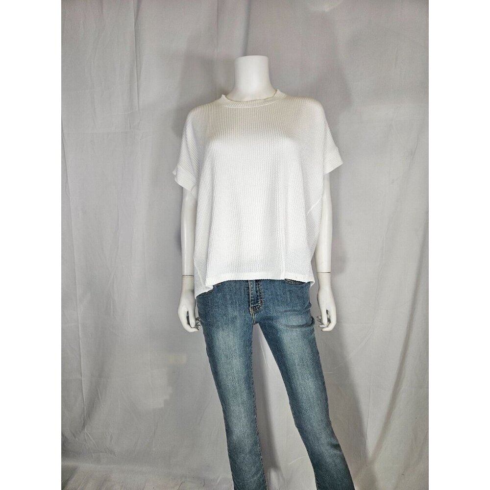 Entro Off White Round Neck Over Size Ribbed Short Cap Sleeve